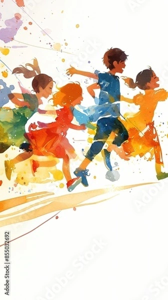Fototapeta A group of children are running in a painting. The painting is colorful and lively, with the children's movements adding to the sense of energy and excitement