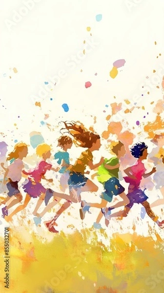Fototapeta A group of children are running in a field. The children are wearing different colored shirts and shorts. The scene is lively and energetic, with the children running and playing together