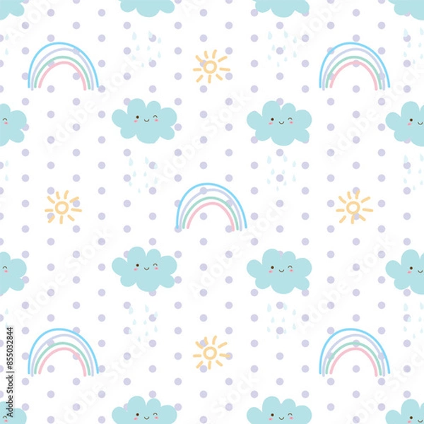 Obraz rainbow and cloud seamless pattern design with cute animal