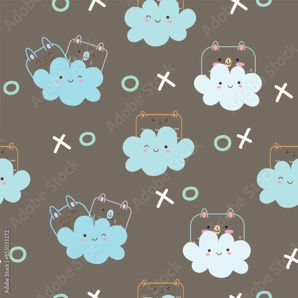 Obraz rainbow and cloud seamless pattern design with cute animal