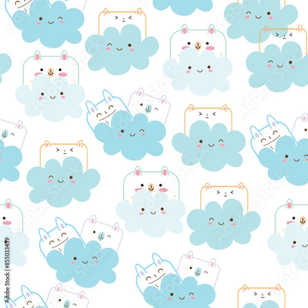 Obraz rainbow and cloud seamless pattern design with cute animal
