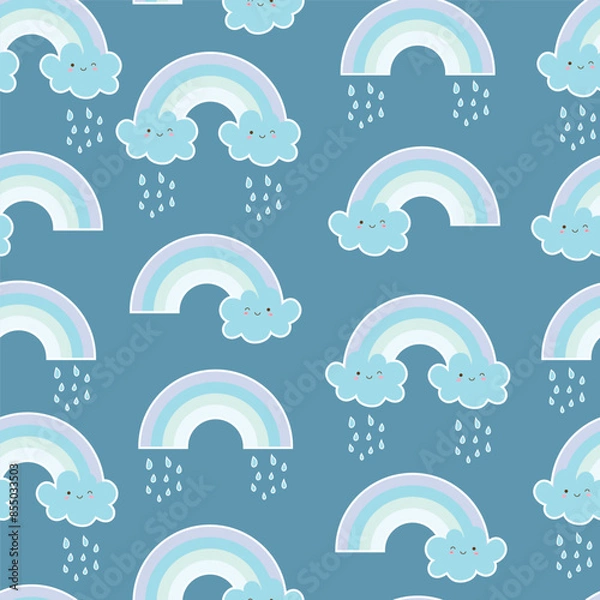Obraz rainbow and cloud seamless pattern design with cute animal