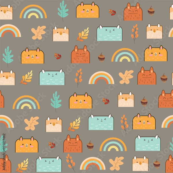 Obraz rainbow and cloud seamless pattern design with cute animal