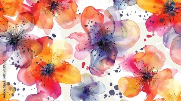 Fototapeta Colorful floral watercolor pattern with orange, red, and purple flowers on a white background
