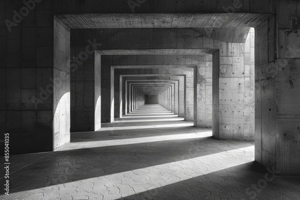 Fototapeta Symmetrical passageway with rigid concrete walls and ambient light