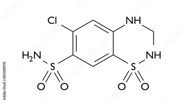 Fototapeta hydrochlorothiazide molecule, structural chemical formula, ball-and-stick model, isolated image hydrodiuril