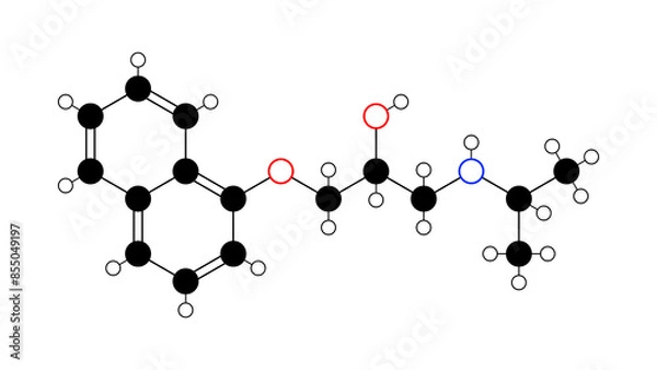 Fototapeta propranolol molecule, structural chemical formula, ball-and-stick model, isolated image inderal