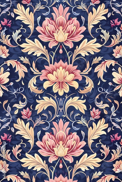 Obraz A pattern with a vintage floral damask design. Pink and gold flowers with blue leaves on a dark blue background. Generative ai.