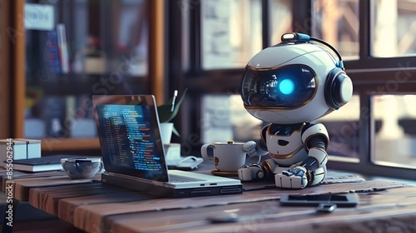 Fototapeta Chibi Robot Hilariously Misunderstands Human Requests in High-Detail 3D Render