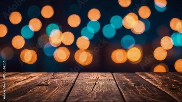 Fototapeta wooden table, blurred boked light background. neon light, close up view. background image of wooden table in front of blurred lights at night for showing products. dark background.