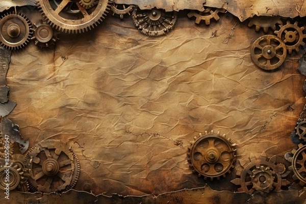 Fototapeta Rustic steampunk background with rusty gears and parchment texture.