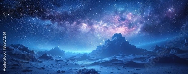 Fototapeta A starry night sky over a snowy, mountainous landscape.