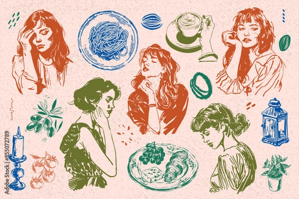 Fototapeta Hand-drawn vector illustrations of boho-style food and drinks are perfect for your collection of wall paintings, posters, logo creation or social media design1.eps, Hand-drawn vector illustrations of 