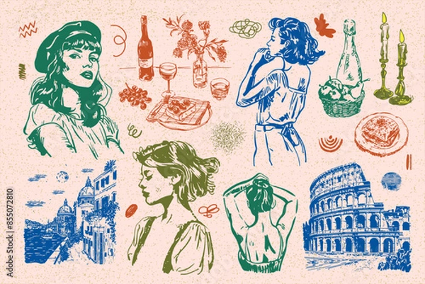 Fototapeta Hand-drawn vector illustrations of boho-style food and drinks are perfect for your collection of wall paintings, posters, logo creation or social media design1.eps, Hand-drawn vector illustrations of 