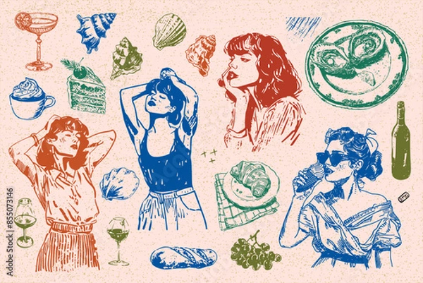 Fototapeta Hand-drawn vector illustrations of boho-style food and drinks are perfect for your collection of wall paintings, posters, logo creation or social media design1.eps, Hand-drawn vector illustrations of 