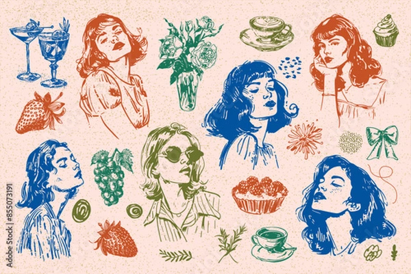 Fototapeta Hand-drawn vector illustrations of boho-style food and drinks are perfect for your collection of wall paintings, posters, logo creation or social media design1.eps, Hand-drawn vector illustrations of 