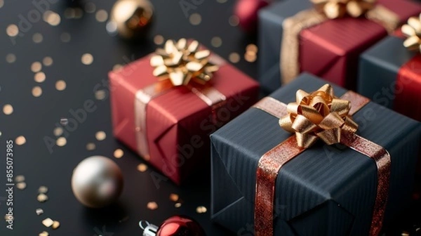 Fototapeta Beautifully wrapped dark blue and red gift boxes with golden bows, standing out against a pure black background, a luxurious and celebratory composition