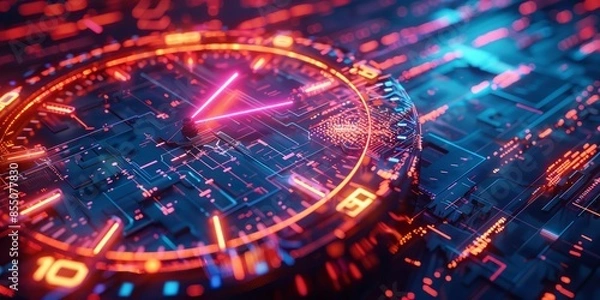 Fototapeta Futuristic Neon Clock in a Sci-Fi Cyberpunk Digital Landscape