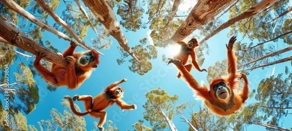 Fototapeta Lively troop of monkeys engaging in grooming and swinging activities amidst the vibrant tree canopy