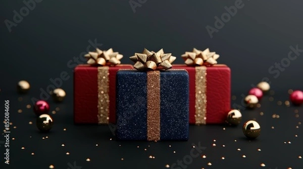 Fototapeta Elegant dark blue and red gift boxes adorned with shimmering golden bows, set against a pure black background, creating a luxurious and festive look