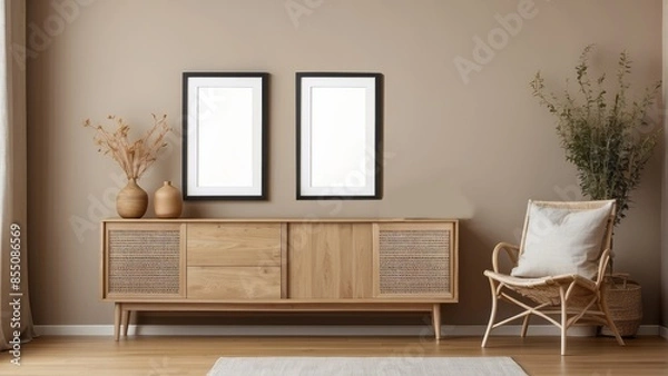Fototapeta Interior home of living room with blank frame poster mock up and wooden sideboard on pastel brown wall copy space