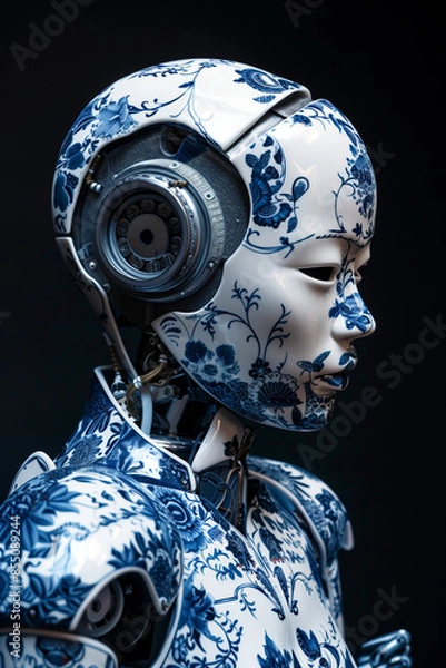 Fototapeta Portrait of a Delft blue porcelain humanoid robot against a  black background.

