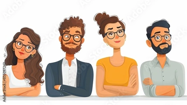 Fototapeta Set of puzzled and surprised office people. Problem solving and discussion. Vector flat illustration