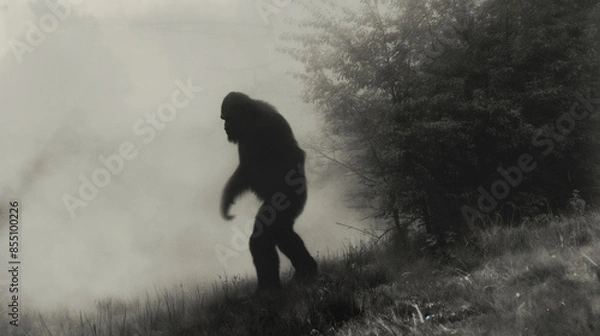 Fototapeta Bigfoot walking away in a foggy forest, a cryptid sighting