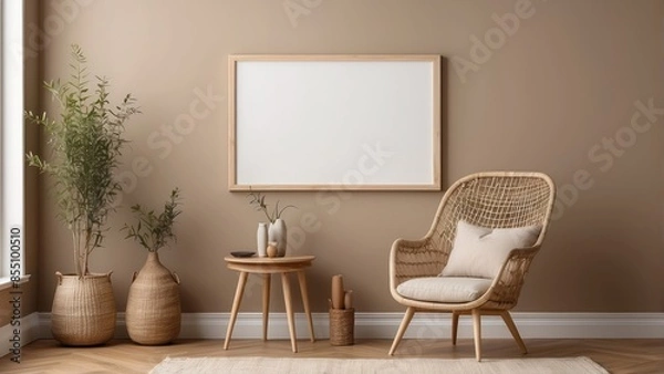 Fototapeta Interior home of living room with blank frame poster mock up and net armchair on pastel brown wall copy space