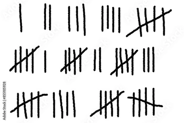 Obraz set of tally marks count or prison wall sticks lines counter. hash marks icons of jail or desert island lost day tally numbers counting progress in slash black ink, isolated on white background. 