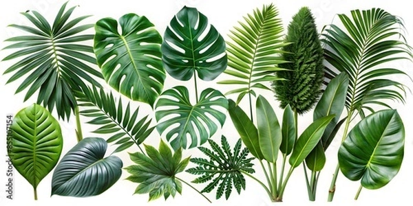 Fototapeta A Lush Assortment Of Tropical Leaves In Various Shapes And Sizes, Perfect For Adding A Touch Of The Tropics To Your Next Project.