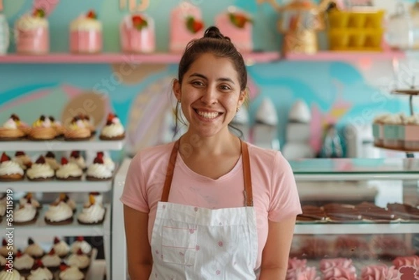 Fototapeta Smiling portrait of a young Hispanic woman working in dessert shop