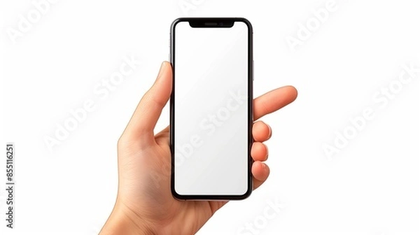 Fototapeta Hand Holding Smartphone with Blank White Screen on Minimalist Background: Concept for Mockups, Apps, and Digital Marketing in Clean White Space