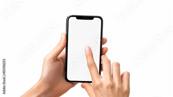 Fototapeta Hand Holding Smartphone with Blank White Screen on Minimalist Background: Concept for Mockups, Apps, and Digital Marketing in Clean White Space
