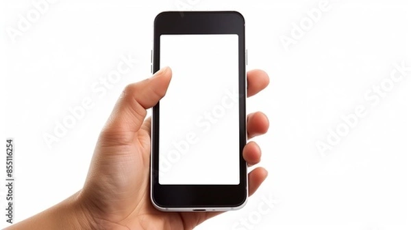 Fototapeta Hand Holding Smartphone with Blank White Screen on Minimalist Background: Concept for Mockups, Apps, and Digital Marketing in Clean White Space