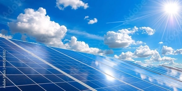 Fototapeta A close-up photo of solar panels against blue sky with clouds in the background. The focus on photovoltaic technology illustrates the concept of sustainable energy, renewables, and climate resilience.