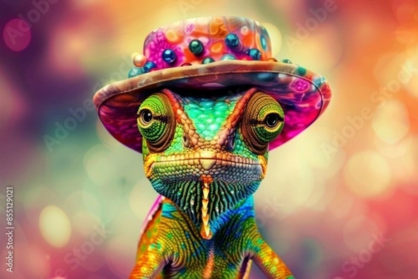 Fototapeta A chameleon wearing a bright hat on a blurred background. The concept of extravagance and uniqueness of nature.