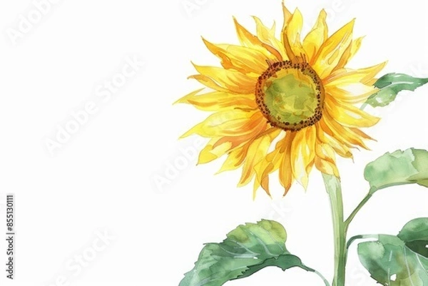 Fototapeta Subtle watercolor depiction of a single yellow sunflower, isolated on a white background, leaving ample copyspace for text or design,