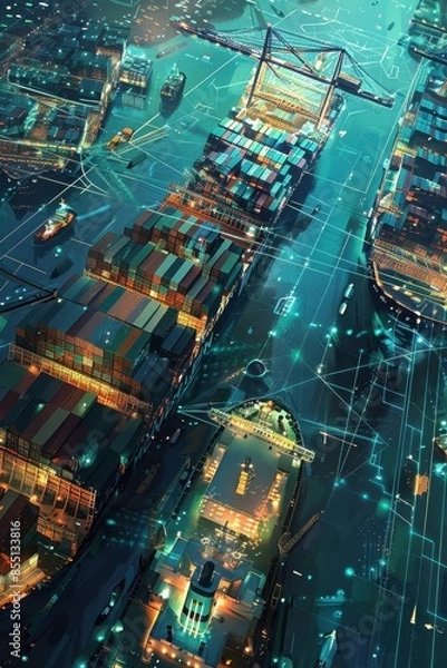 Fototapeta Futuristic cargo container ships utilize technology for global logistics