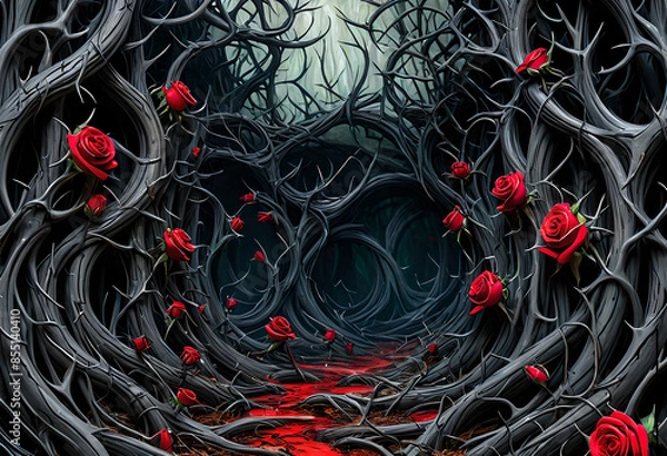 Obraz black gothic background with Red roses and  vines, leaves and thorns