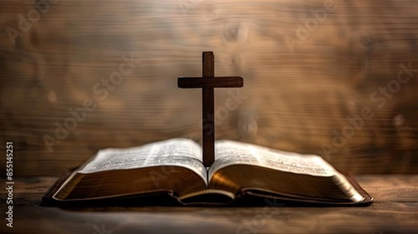 Obraz an open Bible with a wooden cross on a black background, bathed in sparkling light from above, resting on an old table with ample space for text.