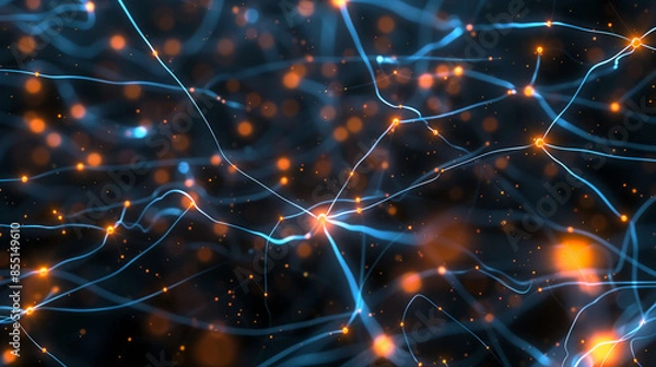 Obraz Interconnected nodes and lines creating a neural network visualization, innovative and modern, educational, medical, scientific use, abstract background