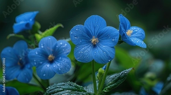 Fototapeta Blue Flowers with Dew Drops