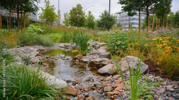 Fototapeta Bioswales in an urban park, managing stormwater naturally, front view, illustrating green infrastructure, cybernetic tone, Triadic Color Scheme