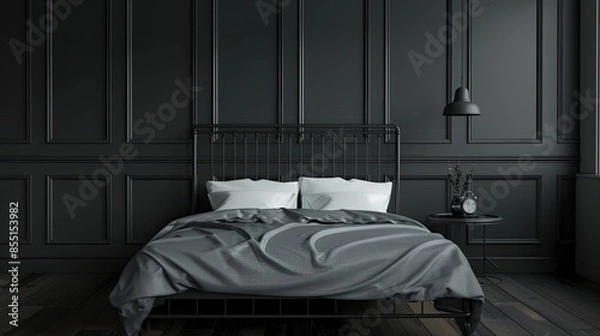 Fototapeta a bedroom with a black wall background, featuring a metal bed frame and wooden nightstands, showcasing Scandinavian farmhouse-style home decor from a frontal perspective.