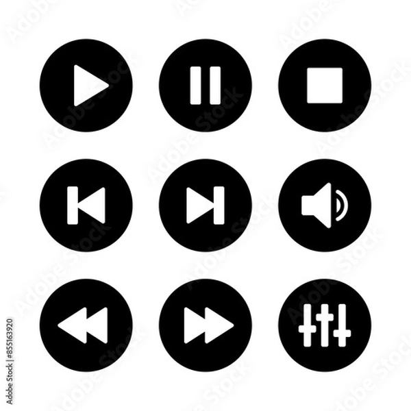 Fototapeta Music player icon set with play, pause, next, previous like and settings symbol in black and white color. Media Player Buttons icon set, Play and pause buttons sign, Video Audio Player button symbol.
