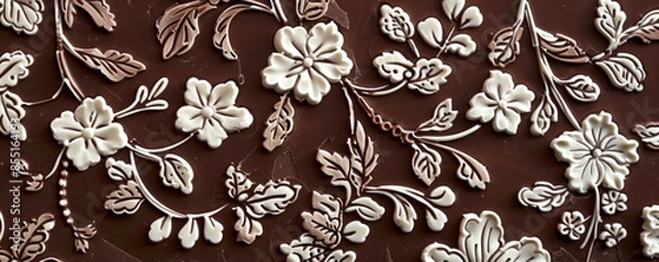 Fototapeta Chocolate background with intricate, white chocolate lace designs on a dark chocolate base.