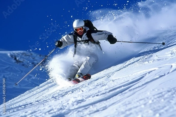 Fototapeta Thrilling Alpine Skiing Descent on Steep Snowy Slope with Dynamic Speed and Motion, Clipping Path Included