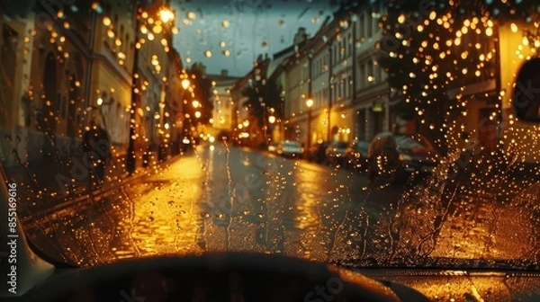Fototapeta Mesmerizing rain seen through a car windshield with city lights reflecting on the wet street.