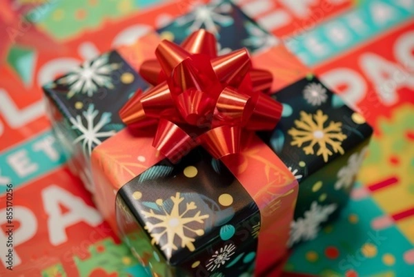 Fototapeta A beautifully wrapped Christmas box with a shiny red bow on top, sitting on a colorful background with bold white 'BLACK FRIDAY' letters. Perfect for holiday promotions and sales.